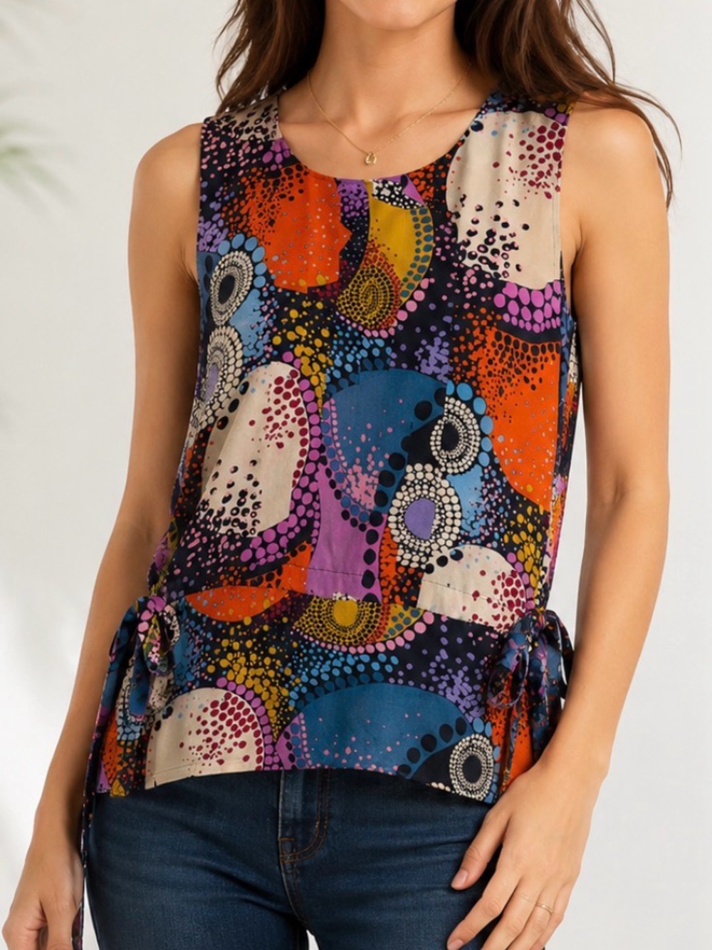 Trinity 100% Silk Sleeveless Abstract Print Side Tie Peplum Blouse Top Women’s M